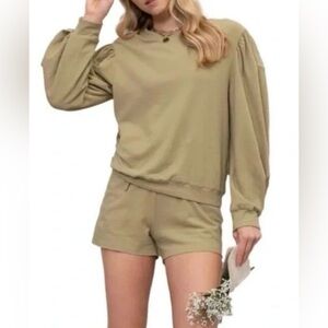 By The River Tan Long Puff Sleeve Top and Shorts Set